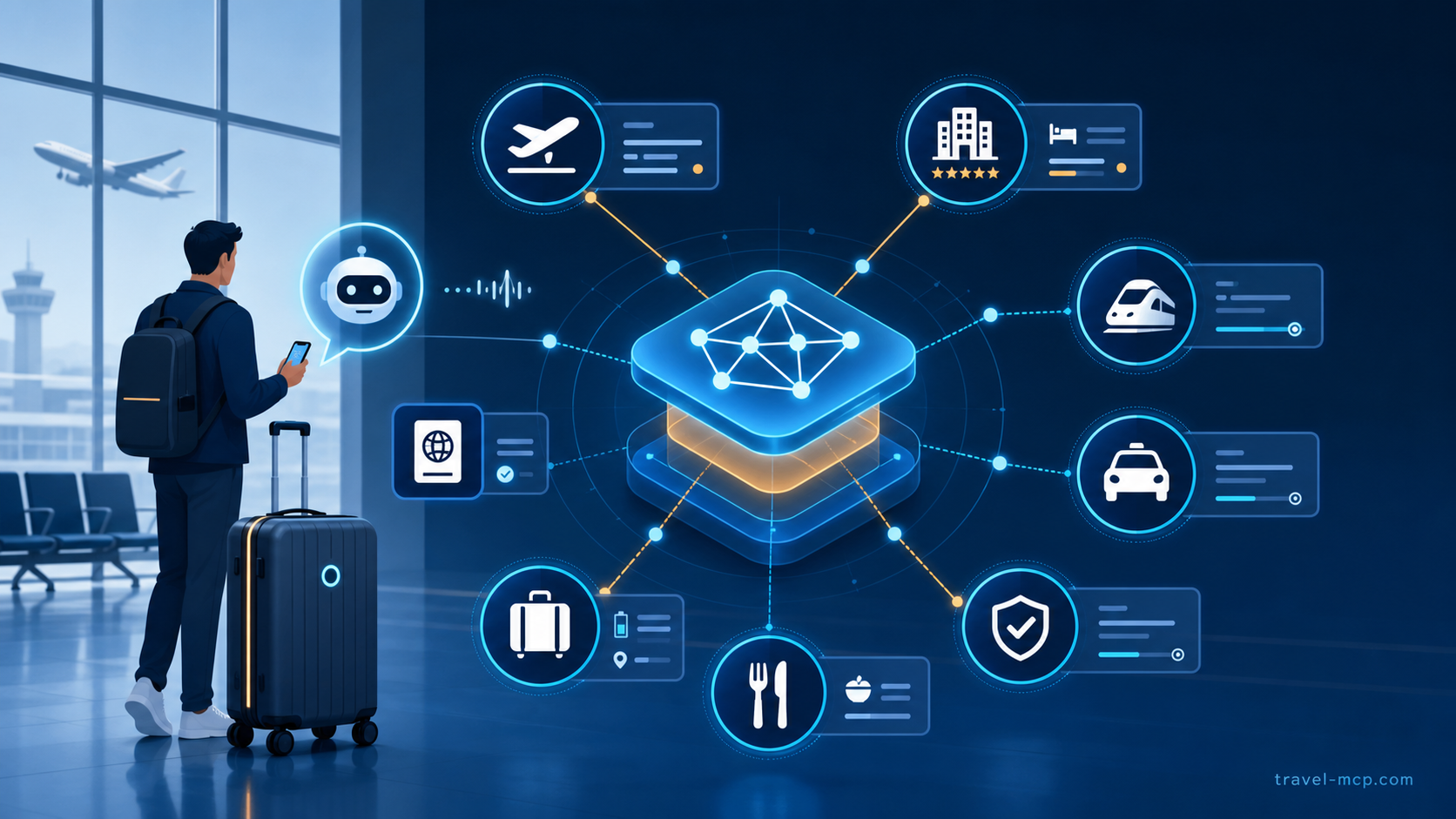 Reisender mit intelligentem Gepäck und KI-Assistent im Flughafen, verbunden über eine MCP-Schicht mit Flug-, Hotel-, Bahn- und Mobilitätsdiensten.